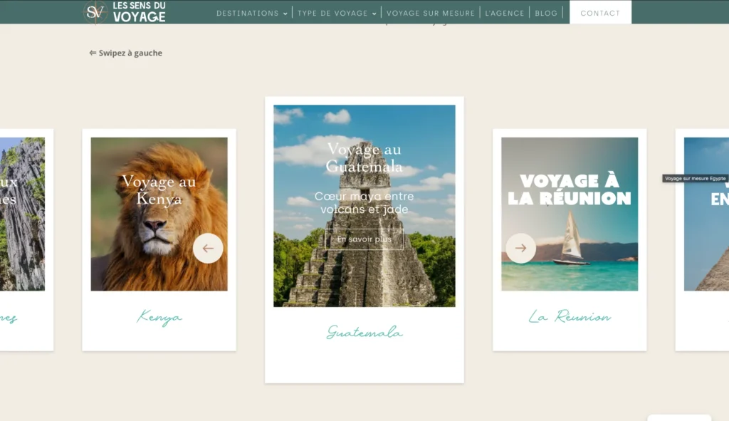 The Les Sens du Voyage destination carousel showing worldwide travel packages