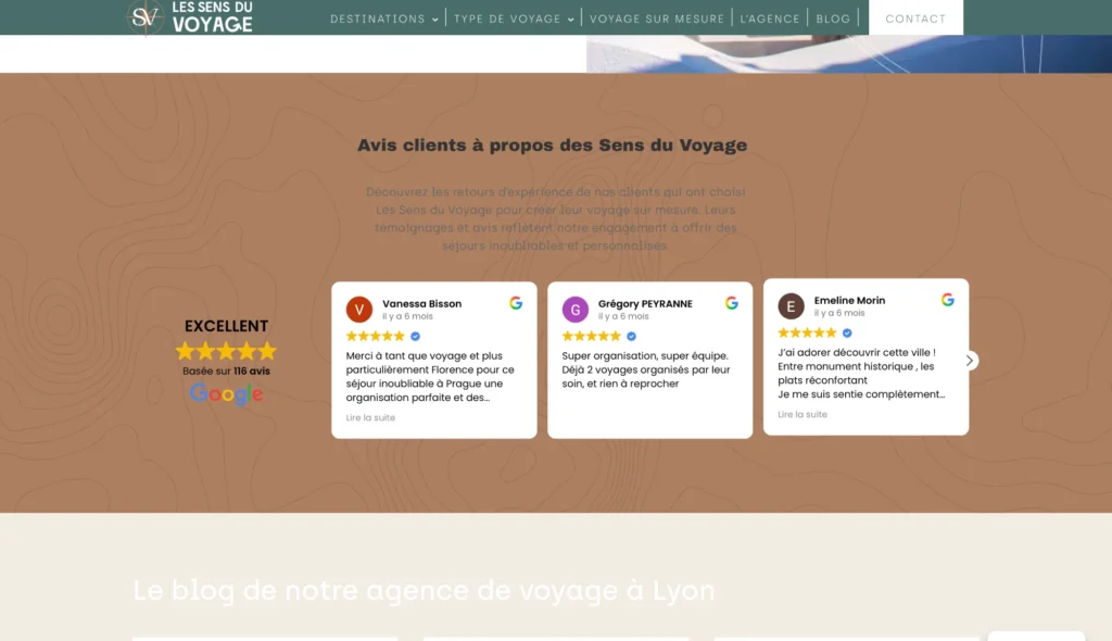 The Les Sens du Voyage Google reviews section showing 116 five-star client testimonials