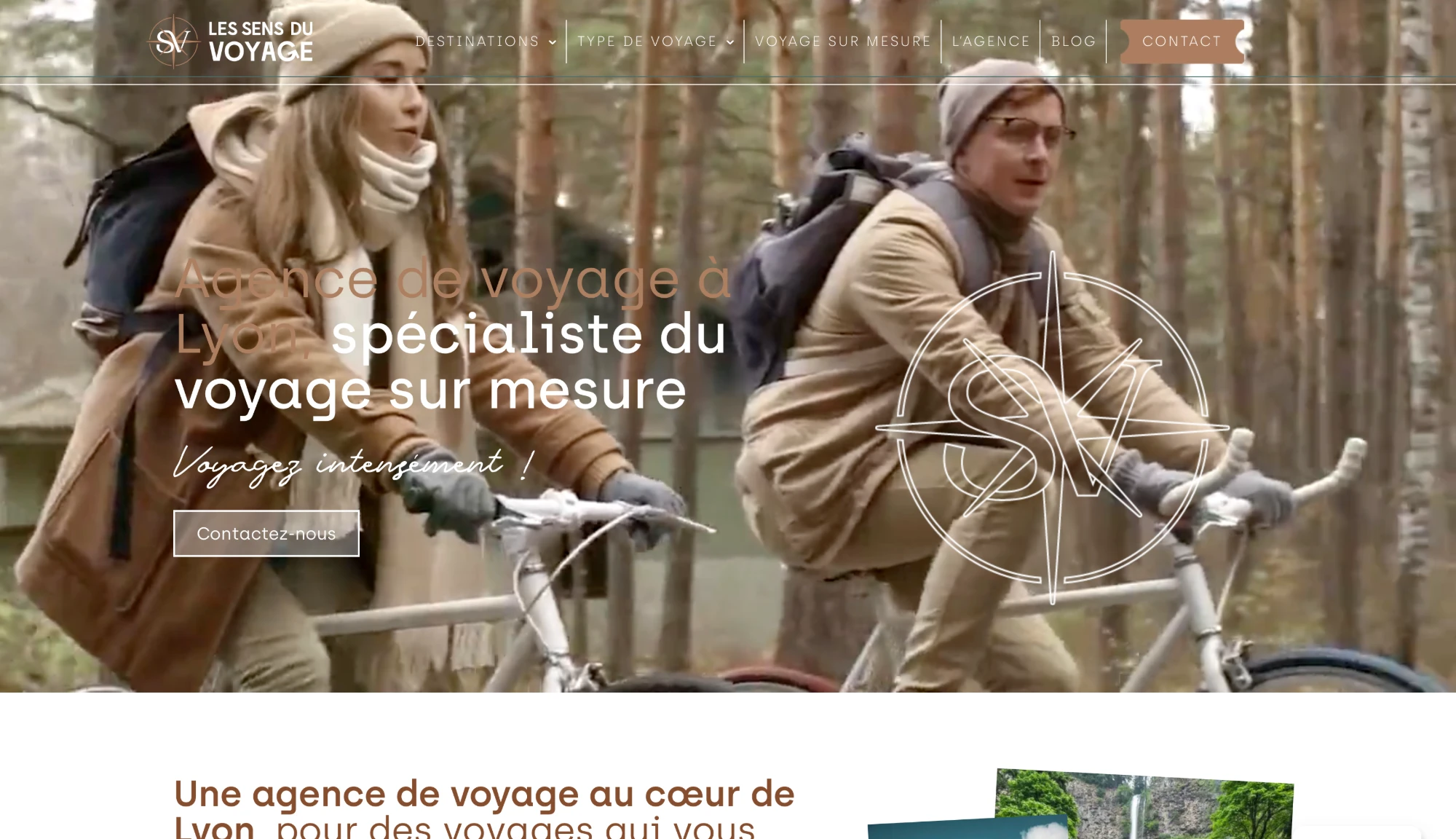 The Les Sens du Voyage website homepage, showing its tailor-made travel offering