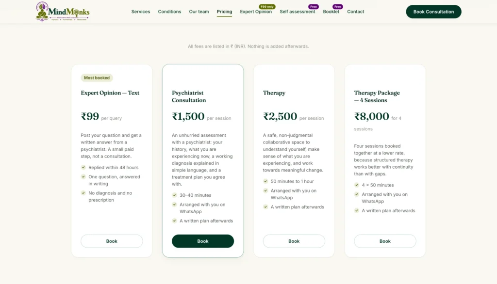 The MindMonks pricing page showing four service tiers from Expert Opinion at Rs.99 to a four-session Therapy Package
