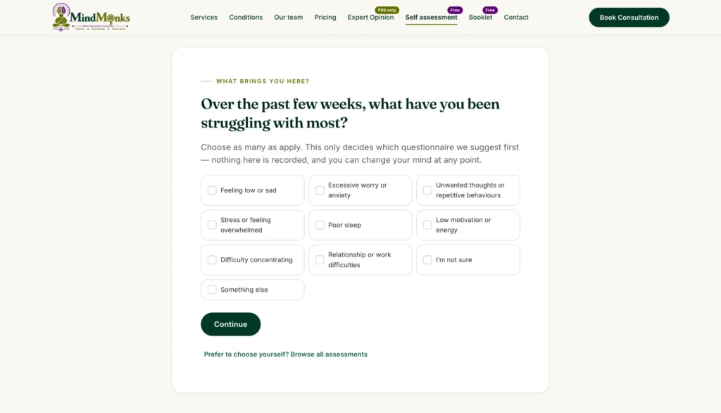 The MindMonks self-assessment symptom checker asking what the visitor has been struggling with