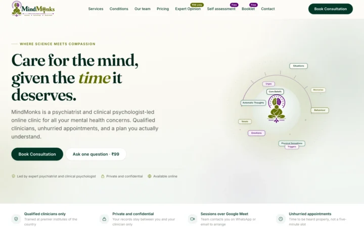 The MindMonks website homepage, showing its online mental health clinic