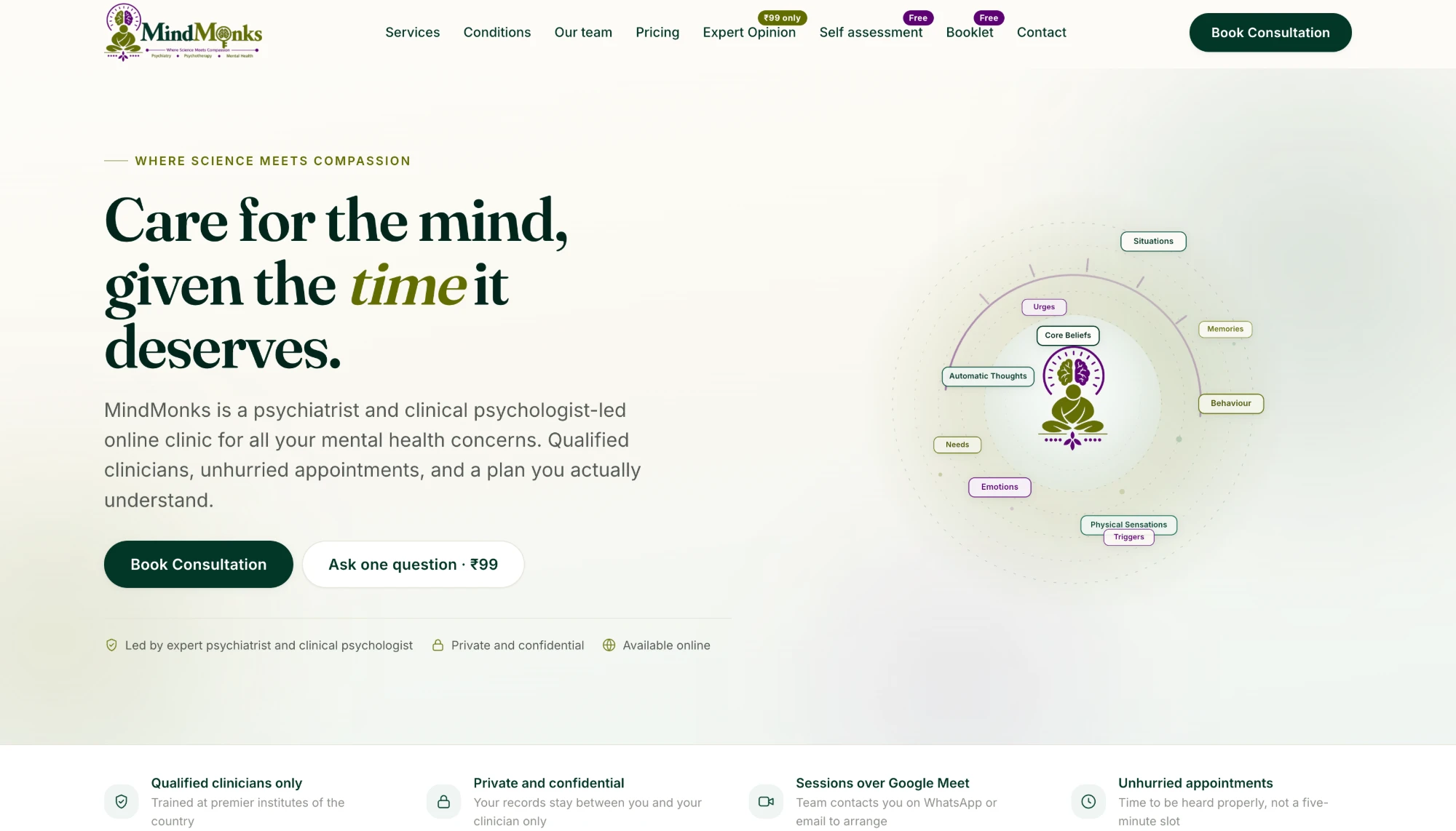 The MindMonks website homepage, showing its online mental health clinic