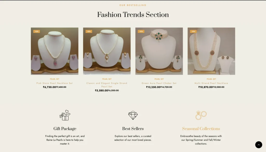 The Raine La Pearls bestselling products section showing pearl sets with prices and a -10% discount