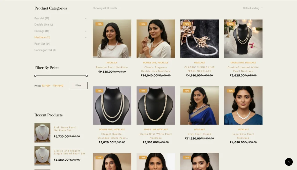 The Raine La Pearls necklace category page showing 11 products with a price-range filter sidebar