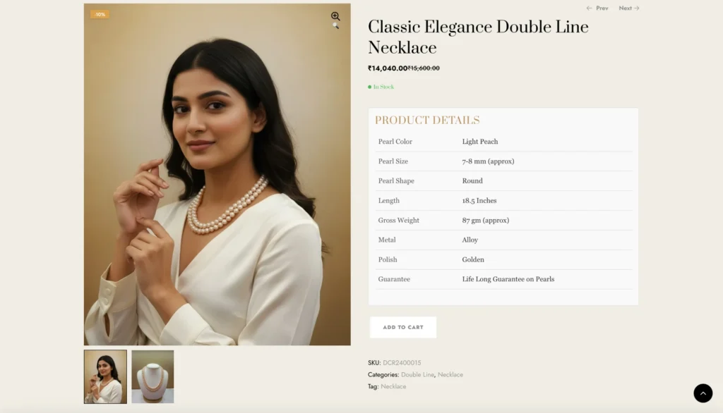 The Raine La Pearls product detail page for the Classic Elegance Double Line Necklace showing specifications and pricing