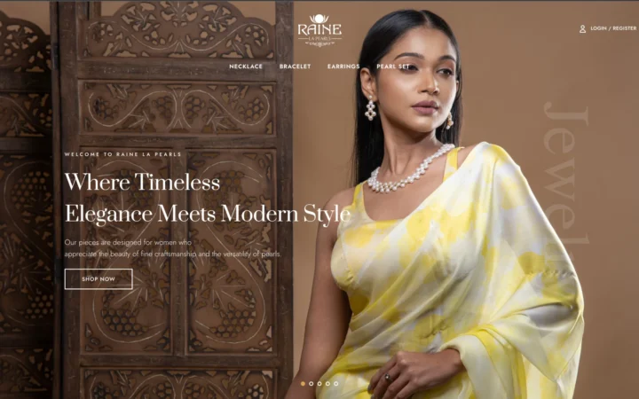 The Raine La Pearls website homepage, showing its pearl jewellery collection with a hero banner