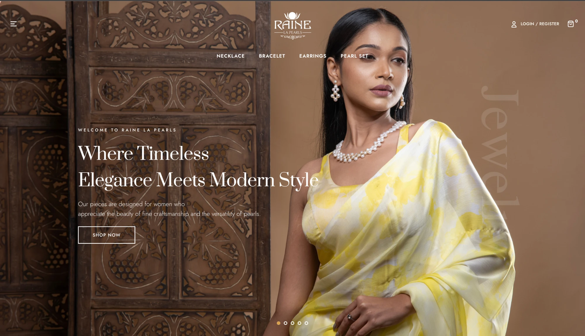 The Raine La Pearls website homepage, showing its pearl jewellery collection with a hero banner
