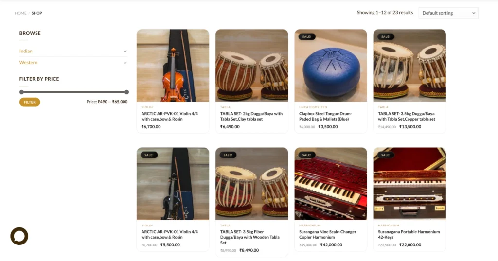 The Surangana shop page with 23 instruments across Indian and Western categories