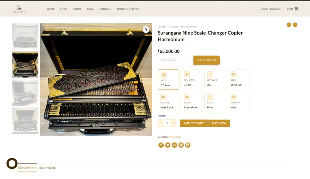 The Surangana product detail page for the Nine Scale-Changer Copler Harmonium
