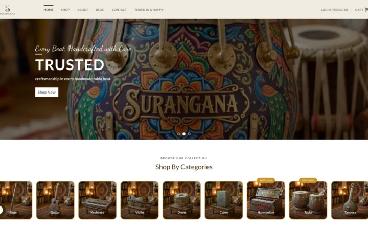 The Surangana website homepage, showing its handcrafted tabla and harmonium collection