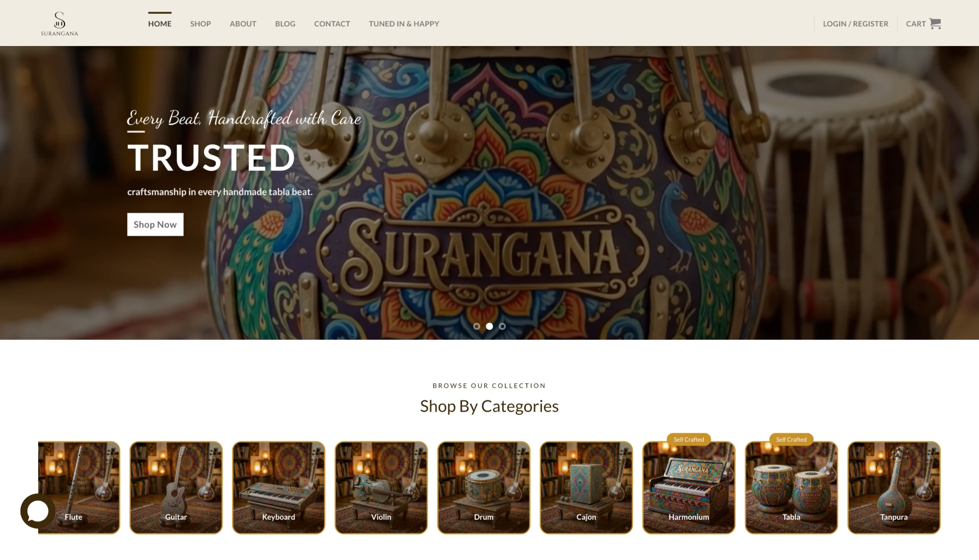 The Surangana website homepage, showing its handcrafted tabla and harmonium collection