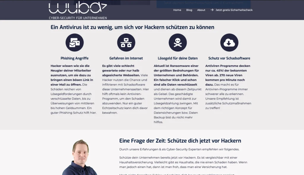 The Wuba website threats section covering phishing, internet dangers, ransomware and malware protection