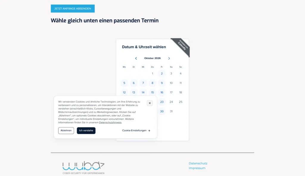 The Wuba free security check booking page with an embedded Calendly calendar